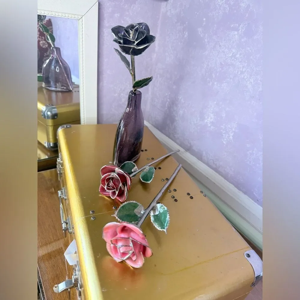 Artistic Silver Glass dipped Roses Pink Red and Purple